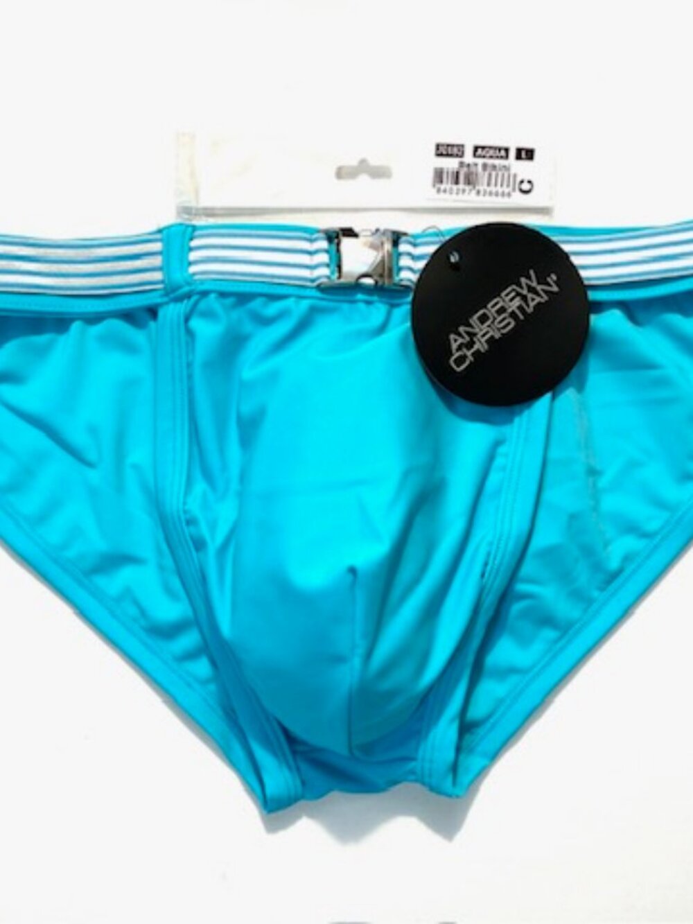 Andrew Christian - Size L - Solid Swim Bikini with Striped Belt - Aqua/Silver